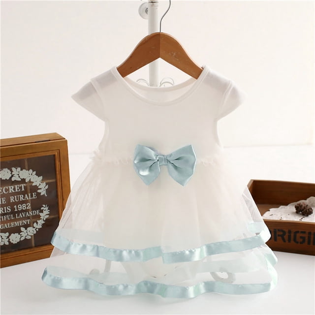 LEEy-world Robe Trapèze Évasée pour Bébé Fille, Manches Courtes Bouffantes, Encolure Carrée, Nœud à l'Avant, Blanc