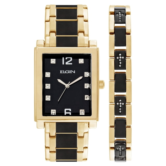 Elgin Men's Gold and Black Watch Bracelet Set
