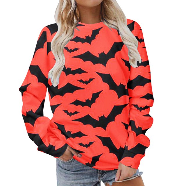 2023 Chandail à Capuchon Surdimensionné pour Femmes Classique Imprimé d'Halloween Col Rond Manches Longues Chandail Ample Hauts Costumes d'Halloween/Noël Rabais de 50 % Liquidation