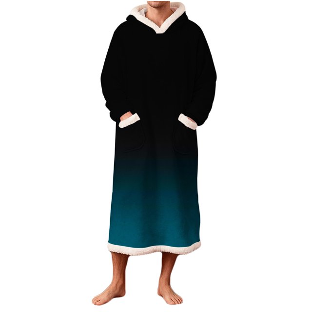 RXMEKW Gradient Fleece Hooded Robe for Men with Pockets, Long Sleeve Bathrobe for Lounging, Print