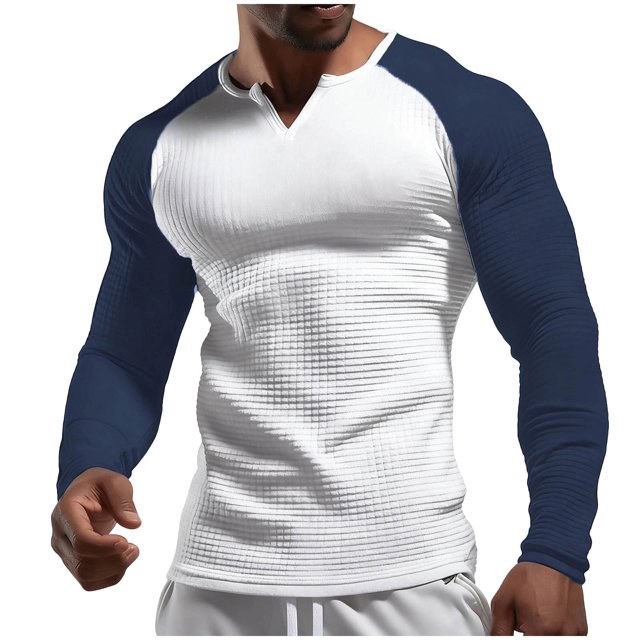 MeetoTime Long Sleeve Shirts for Men Casual Color-blocked V-Neck Solid Color Knit Mens Tops