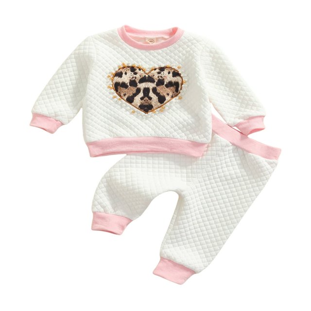 Toddler Girl Fall Clothes Long Sleeve Leopard Print Heart Pattern Pullover Tops and Pants Set Kid 2Pcs Outfit