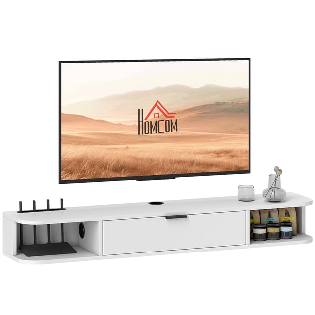 HOMCOM 47" Floating TV Stand, Wall Mounted Media Console in white, featuring a sleek wall-mounted design with a flip drawer, two open shelves, and a device slot with a cable hole for organized storage. Made of durable particleboard with a white wood grain finish, it accommodates TVs up to 50 inches and supports a maximum load of 99 lbs. The stand includes compartments for controllers, devices, and decor, creating a modern and clutter-free entertainment area.