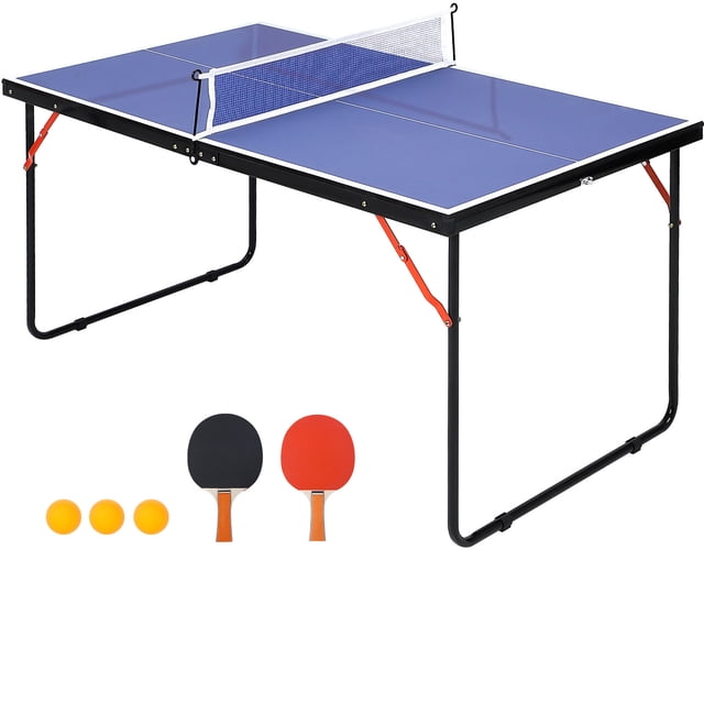 BeesClover Table de Ping-Pong Portable 4,5 Pi, Ensemble de Jeu de Tennis de Table Intérieur Extérieur avec Filet, 2 Palettes et 3 Balles, Conception Pliable et Compacte pour Adultes Ados Enfants, Assemblage Facile