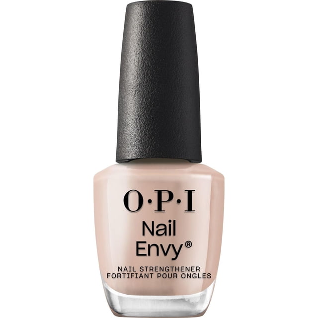 Nail Envy Nail Fortifiant par OPI en Teinte nude avec Capuchon Noir Texturé, Présenté dans une Bouteille en Verre Transparent Étiqueté comme Soin des Ongles Traitement Fortifiant Qui Protège et Renforce les Ongles contre l'Écaillement et la Fentes.