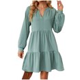 thumbnail image 2 of EQWLJWE Liquidation d'Économies d'Été! Robe Décontractée pour Femme Couleur Unie à Manches Longues Col en V Ourlet Plissé Robe d'Automne Longueur Genou Robes d'Été 2023, 2 of 4