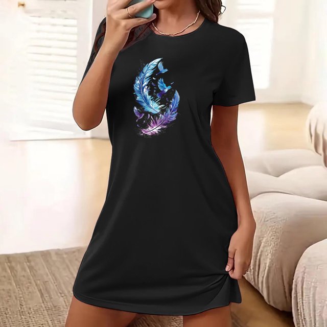 Mefallenssiah Chemise de Nuit Courte Surdimensionnée pour Femmes Mode Imprimé Poitrine Manches Courtes