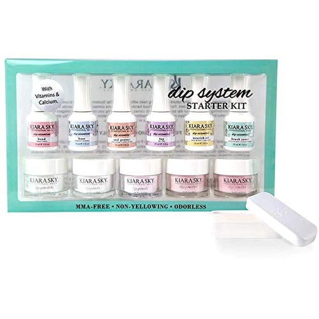 French Dip Powder Starter Kit by Kiara Sky Professional Nails, featuring a complete dip system for creating French manicures or full coverage overlays. Includes Bond, Base, Seal Protect, Top, Nourish Oil, Brush Saver (all 0.5 fl oz each), Natural Powder, Pure White, Light Pink, Medium Pink, and Dark Pink powders (1 oz each), and a free dip case. MMA-free, non-yellowing, and odourless formula for strong, lightweight, and natural-looking nails.