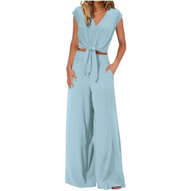Mikilon Womens Stylish Outfit 2 Piece Set Casual V-Neck Long Sleeve Lace-Up Button Down Top Wide-Leg Pants Pocket Chic Comfort Sleeveless V-Neck Top/Shirt Set Mint Green M