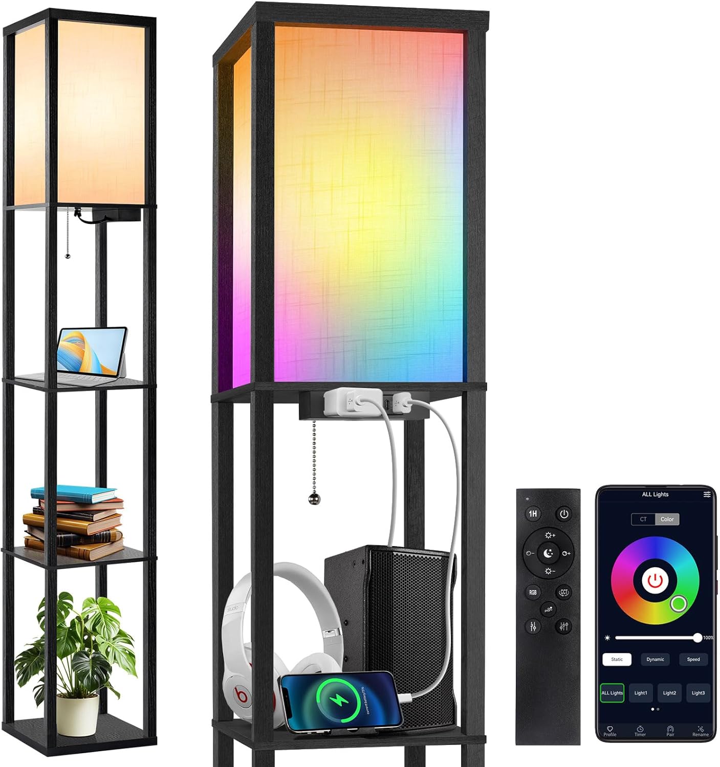 Floor Lamp with Shelves LED Modern Shelf Floor Lamp with USB Ports & Power Outlet Color Temperature Storage Display Wood Column Standing Tall Lamp for Living Room Bedroom Off