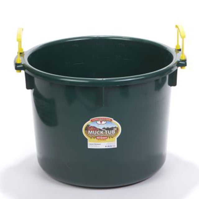 Little Giant 40 Quart Durable Plastic Utility Muck Tub with Handles in green. This high-density polyethylene tub resists warping and stress cracks, featuring two durable yellow poly-rope handles with molded grips for comfortable carrying. The tub measures 18 inches in diameter and 14 inches tall, ideal for barn cleanup, gardening, or moving materials like manure, mulch, or feed. Compatible with the Little Giant Multi-Purpose Muck Cart (sold separately).