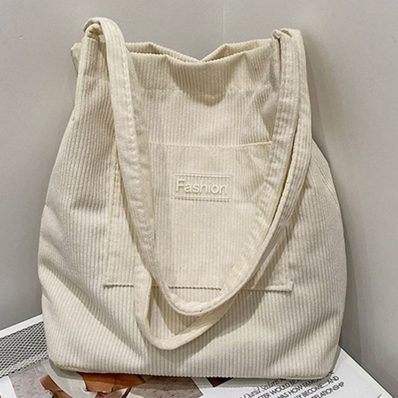 Women Casual Handbag Solid Color Corduroy Shopping Bag Bear Pendant Outdoor Bags