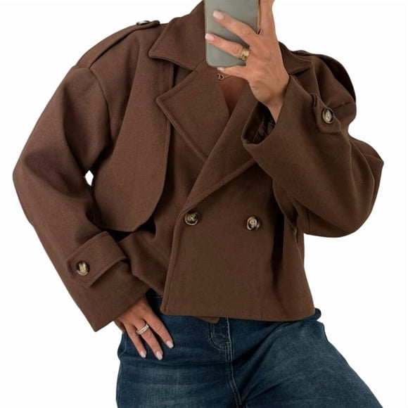 Women'S Cropped Trench Coat Double Breasted Lapel Collar Short Jacket Long Sleeve Fall Winter Outerwear Brown M