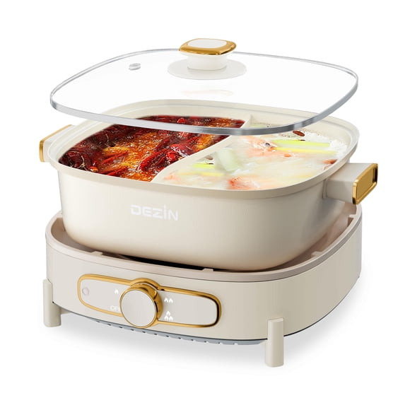 Dezin Hot Electric Shabu Shabu Pot, 5.5L Double-Flavor, Removable Non-Stick Dual Sided Cooker, 3" Depth Divided Pot with Multi-Power Control, 2 Silic