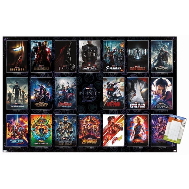 Marvel Avengers : la Saga de l'Infini - Affiche Murale à Grille en une Feuille, 22,375 Po x 34 Po Encadrée Présentant une Grille de 22 Affiches de Films des Studios Marvel de Iron Man (Mai 2008) à Avengers : Endgame (Avril 2019), Incluant Thor, Captain America, Les Gardiens de la Galaxie, Ant-Man, Doctor Strange, Black Panther et Captain Marvel, avec des dates de Sortie et des Illustrations Vibrantes, Parfait