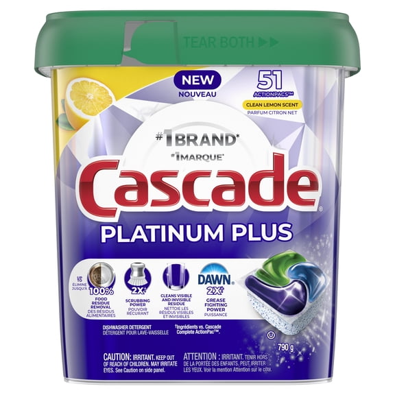 Cascade Platinum Plus Pacs pour Lave-Vaisselle, Détergent pour Lave-Vaisselle ActionPacs, Parfum Citron Net 51 Unités