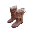 thumbnail image 3 of MAWCLOS Ladies Winter Shoes Slouch Leather Riding Boot Belt Buckle Comfort Mid-Calf Boots Round Toe Outdoor Pull On Shoe Brown 7.5, 3 of 9