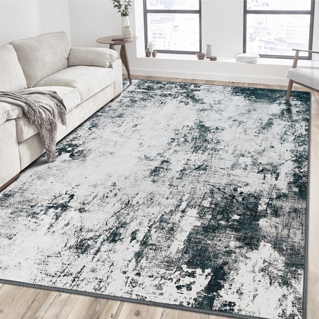 KIRFEIHT Modern Abstract Area Rug 5x7 Living Room Carpet Machine Washable Rug Non Slip Bedroom Carpet Dorm Rugs Nursery Rug Stain Resistance Mat for Dining Room Wool Indoor Rug Gray Black Blue
