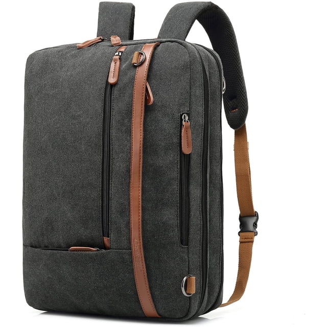 CoolBELL Convertible Backpack Shoulder Bag Messenger Bag Laptop Case in canvas black, suitable for laptops up to 17.3 inches, including Dell, HP, Lenovo, and MacBook models. Offers three carrying styles: backpack, shoulder bag, and messenger bag, with hidden straps and handle options for versatility. Features two main compartments for laptops and accessories, three front zippered pockets for organization, and shockproof padding for laptop protection. Made from durable canvas Oxford nylon cloth with waterproof polyester lining and leather accents. Ideal for travel, business, and college use. Dimensions: 18.8 x 5.1 x 13.7 inches.