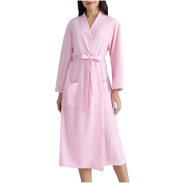 AherBiu Womens Robes Lightweight Long Sleeve V Neck Belted Bathrobes Comfy Knee Length Robe with Pockets