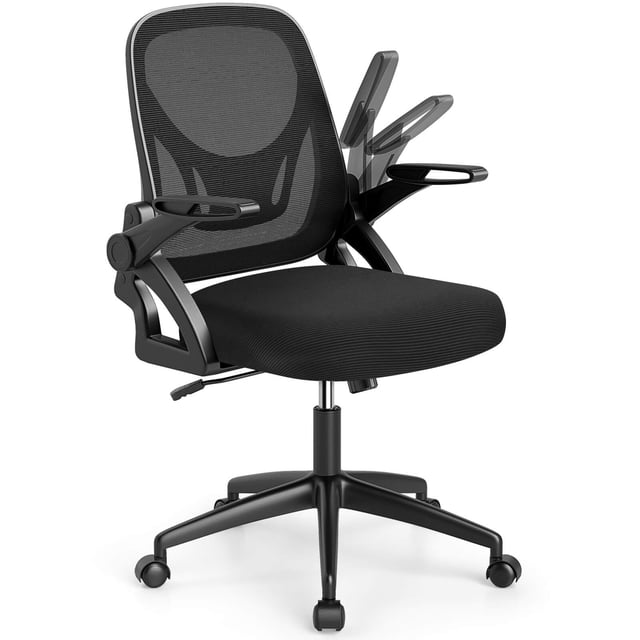 Costway Mesh Office Chair with Lumbar Support & Flip-up Arms Rolling Casters for Work. This ergonomic office chair features a breathable black mesh backrest with an S-shaped design and built-in lumbar support for posture alignment. Includes a padded sponge seat, adjustable height, rocking function, and 360° swivel for flexibility. Flip-up armrests enhance space-saving design, while the sturdy 5-claw base and rolling casters ensure stability and mobility. Supports up to 330 lbs, ideal for workspaces.