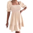 thumbnail image 2 of EGNMCR Robes de Fête pour Femmes Robe Unie pour Femmes de Printemps et d'Été à Manches Courtes avec Ceinture à la Taille, Manches à Volants, Encolure Carrée, 2 of 6
