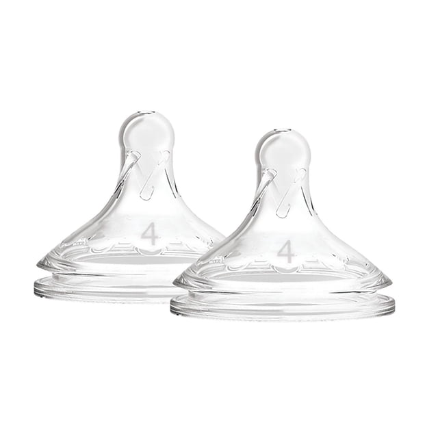 Dr. Brown's Natural Flow Options+ Wide-Neck Bottle Nipple 2 pack Level 4 with two clear, breast-shaped silicone nipples featuring wide bases and number 4 markings, designed for fast flow and vacuum-free anti-colic feeding for babies 9 months and older.