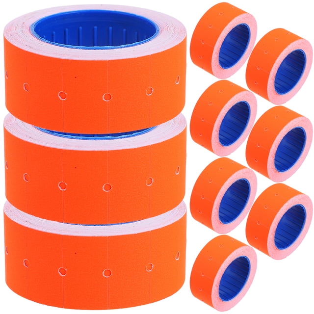 10 rolls of price tag stickers compatible with the MX-5500 pricemarker tool, shown in a vibrant orange color with blue cores. These paper labels are designed for retail and office use, featuring strong adhesion and clear single-line printing for easy visibility. Ideal for date coding, unit pricing, and inventory organization in shops, grocery stores, and warehouses.