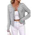 thumbnail image 3 of Femmes - Blazer à Carreaux Chic Décontracté Cardigan à Boutons devant Col Ras du Cou Manches Longues Vestes en Tricot Texturé Gris P, 3 of 9