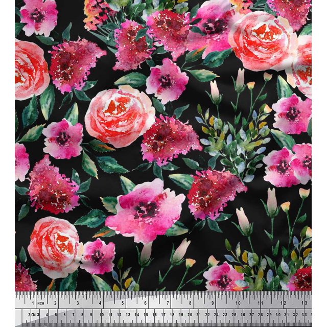 Soimoi Moss Georgette Fabric Leaves & Rose Flower Print Fabric by the Yard 42 Inch Wide