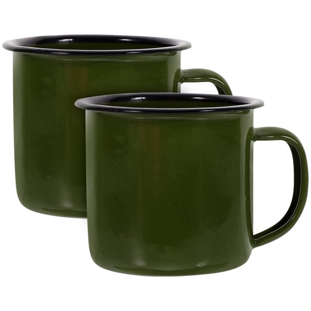 Miangastore 2Pcs Household Milk Mugs with a vintage green iron finish and black rim, ideal for coffee, milk, or tea. These retro drinkware pieces feature anti-slip handles for comfortable grip and are durable for daily use, often used for camping or outdoor activities.