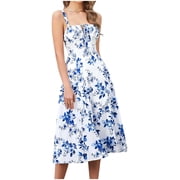 Amzcrzy Dresses for Women Trendy Floral Print Summer Dress Sleeveless Square Neck Straps Midi Dresses for Women Tunic Drawstring Slit Casual Dresses