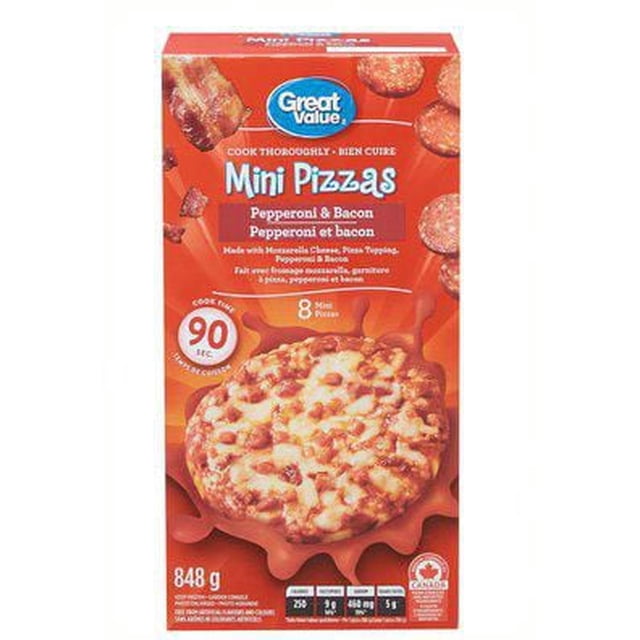 Great Value Pepperoni & Bacon Mini Pizzas box showing 8 mini pizzas with pepperoni and bacon toppings, ready in 2.5 minutes, source of calcium, weighing 848 g, with cooking instructions and nutrition facts on the front, suitable for quick snacks or easy meals.