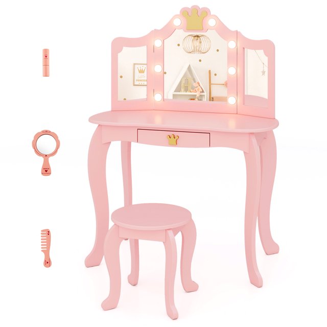 Costway Coiffeuse pour Enfants Ensemble de Coiffeuse Princesse Table et Chaise avec Miroir Éclairé Rose