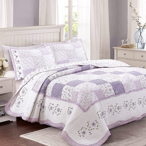 Cozy Line Home Fashions Love of Lilac Bedding Quilt Set, Light Purple Orchid Lavender Floral Real Patchwork 100% Cotton Reversible Coverlet, Bedspread (Lilac, Queen - 3 Piece)