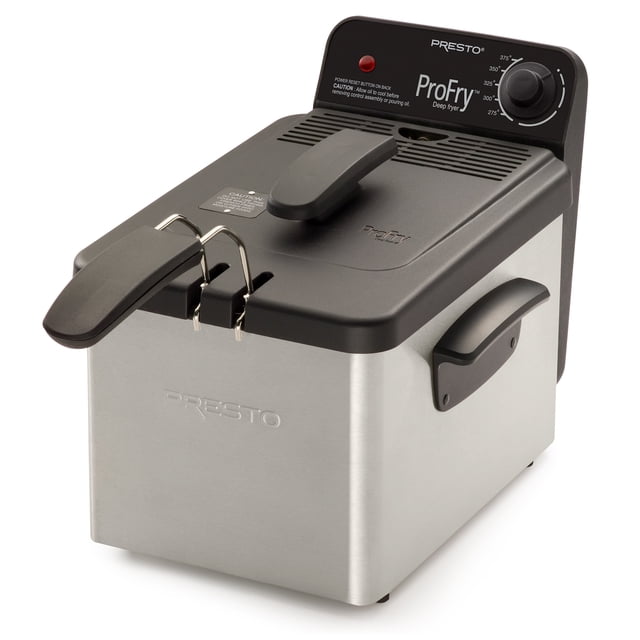Presto ProFry Friteuse Profonde de 8 Tasses avec Élément d'Immersion de 1800 Watts en Acier Inoxydable, Conçue pour un Usage commercial et Domestique. le Boîtier Argenté avec accents Noirs Comprend un Couvercle Pare-Éclaboussures, un thermostat Réglable et des Poignées au Toucher Froid pour un Fonctionnement Sécuritaire. le Panier à Frire Amovible et le Panneau de Commande avec Réglages de Température de 275 °F à 375 °F en Font un Idéal pour Frire des Lots d'Aliments de Taille Familiale.