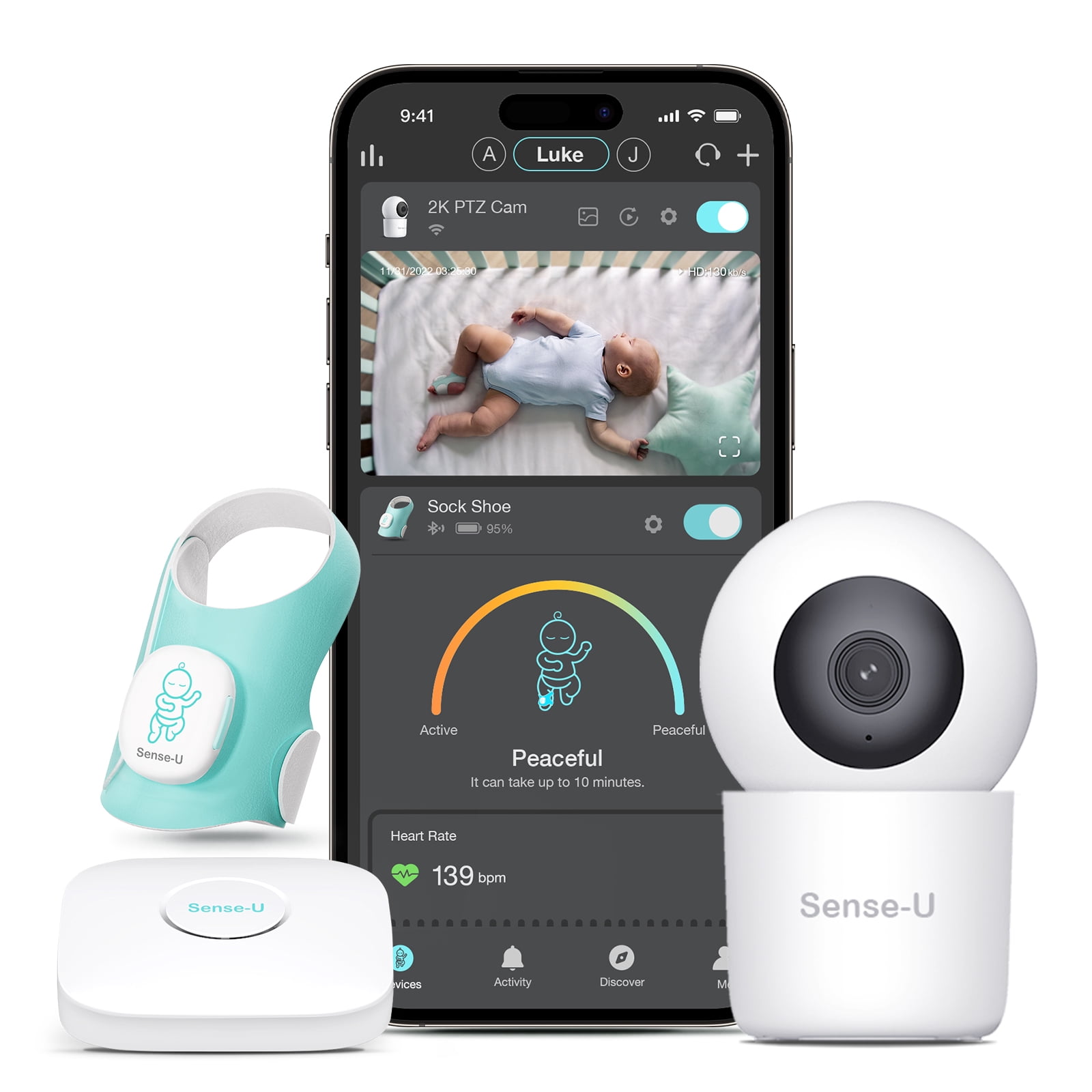 Sense-U Baby Sock Shoe Bundle Smart Baby Monitor: Sock Shoe Plus 2.5K PTZ Camera - Track Heart Rate, Sleep Movement, Heartbeat, Pan-Tilt-Zoom Video, AI Cry Detection, Audio