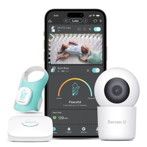 Sense-U Baby Sock Shoe Bundle Smart Baby Monitor: Sock Shoe Plus 2.5K PTZ Camera - Track Heart Rate, Sleep Movement, Heartbeat, Pan-Tilt-Zoom Video, AI Cry Detection, Audio