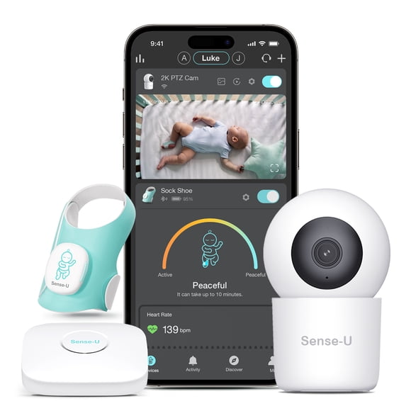Sense-U Baby Sock Shoe Bundle Smart Baby Monitor: Sock Shoe Plus 2.5K PTZ Camera - Track Heart Rate, Sleep Movement, Heartbeat, Pan-Tilt-Zoom Video, AI Cry Detection, Audio