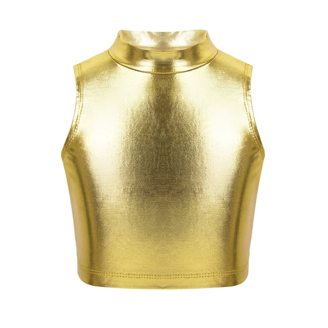 Oyolan Kids Girls Metallic Sleeveless Turtleneck Crop Tank Top in gold, ideal for ballet, dance stage performance, and workouts. Made of 90% polyester and 10% nylon, featuring a glossy metallic finish, pull-on closure, and breathable stretchy fabric. Part of girls' tank tops category, size 10 recommended for girls with a chest measurement of 27.5 inches and length of 11 inches.