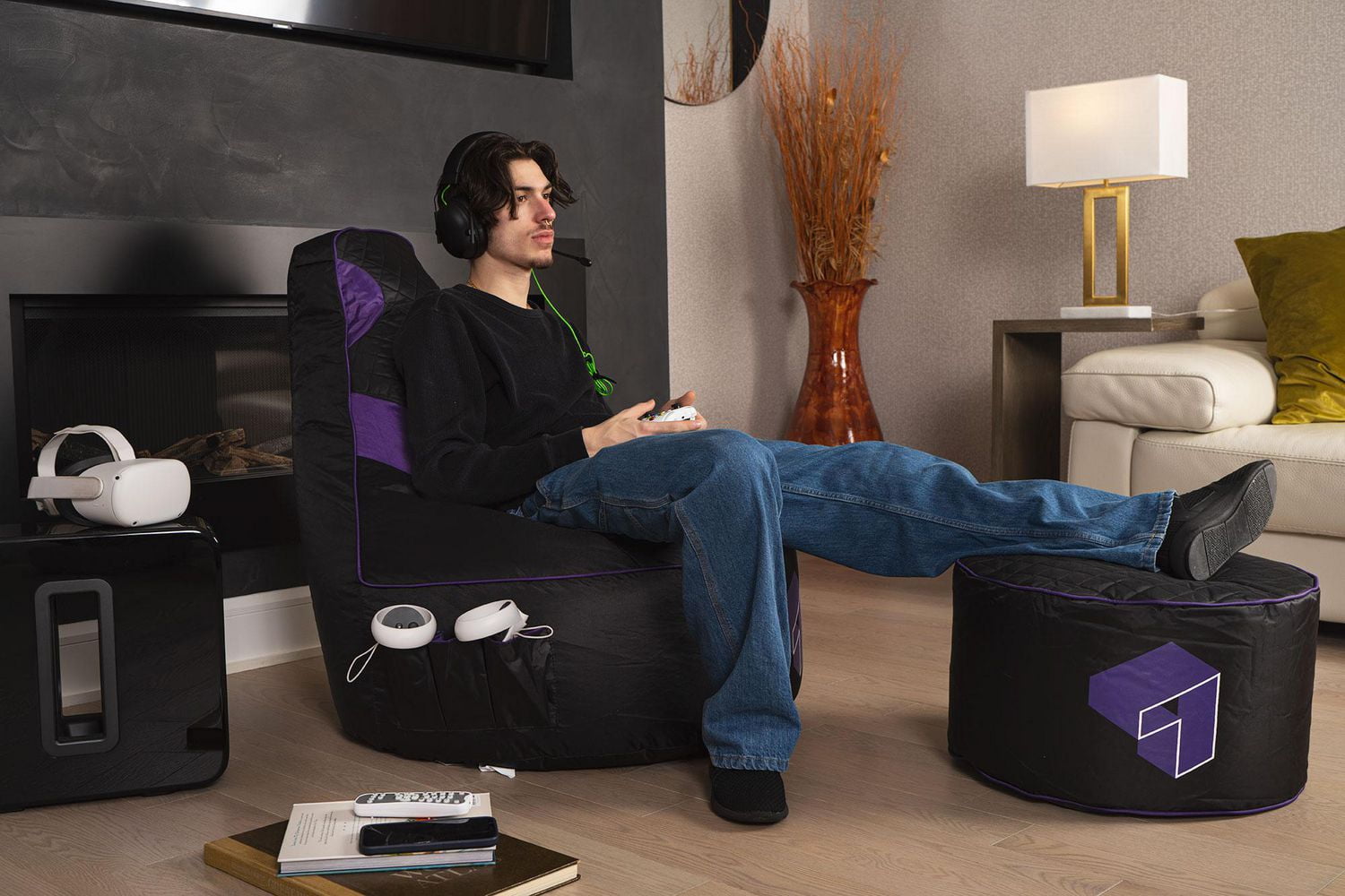 Siteazee Indoor Purple Pouf – Waterproof Oxford Fabric Bean Bag Seat with Quilted Top for Living Room or Game Rooms