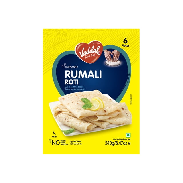 Vadilal Rumali Roti, Vadilal Rumali Roti Stacked thin Indian flatbreads on a white plate, folded with light toasty spots and soft texture; Vadilal branding visible. No Eggs No Preservatives No Artificial Flavors. Suitable for quick wraps or kebab and vegetable rolls.