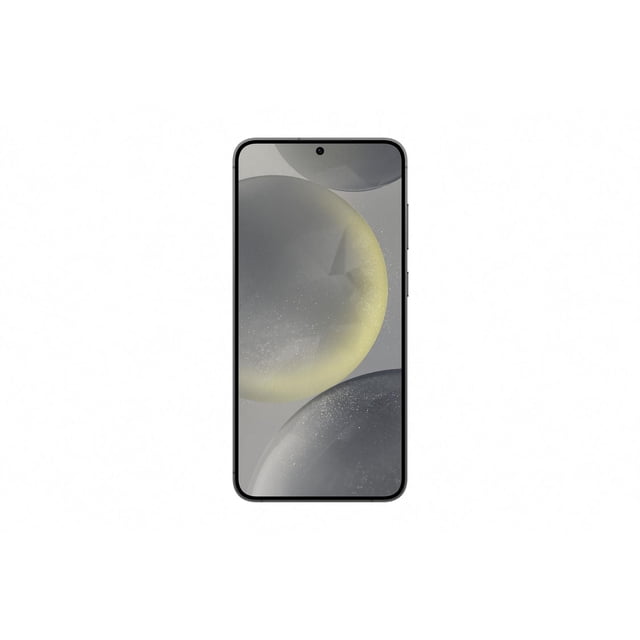 Samsung Galaxy S24+ 12+512GB unlocked smartphone front view with a centered punch-hole camera, large edge-to-edge display showing a grey and yellow abstract bubble wallpaper, slim black frame, and high screen clarity on a white background.