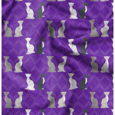 Soimoi Purple Cotton Cambric Fabric Quatrefoil Cat Animal Printed Fabric 1 Yard 58 Inch Wide