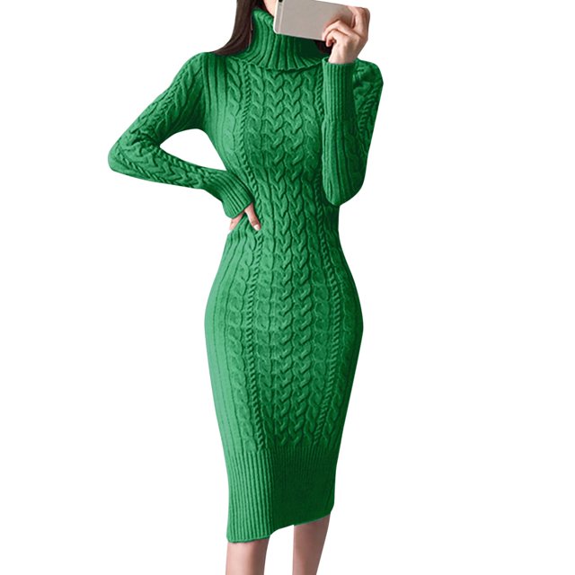 Kcodviy Robes Chandail à Col Roulé à Manches Longues pour Femmes, Manches Bouffantes, Robes Moulantes en Tricot pour le Souper, Robes Midi de Soirée pour Femmes, Robes Chandail