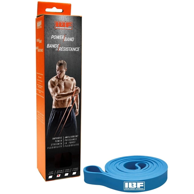 Iron Body Fitness Medium Resistance Power Band, Latex Loop Exercise Band for Strength Training, Mobility, and Stretching, Blue