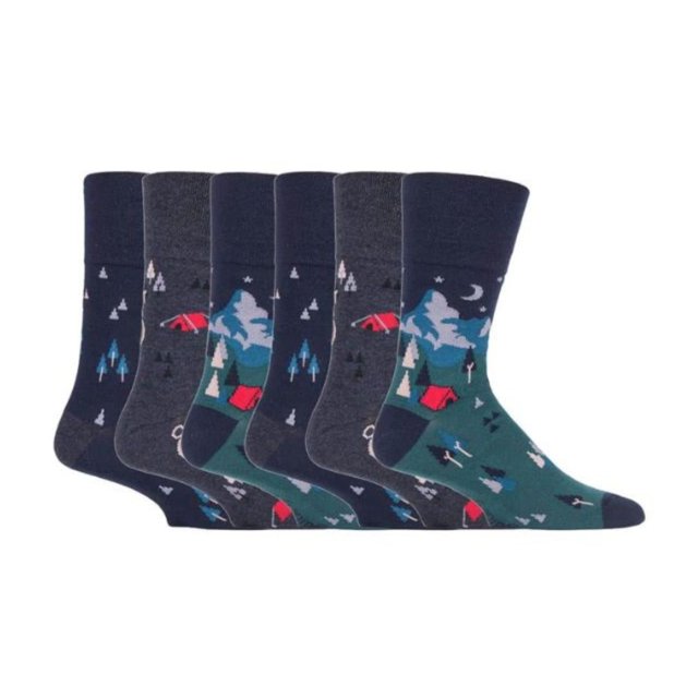 Gentle Grip - 6 Pairs Mens Gentle Grip Non Elastic Socks with camping and nature-themed patterns. Made from cotton-rich yarn with a HoneyComb Top for comfort, these diabetic-friendly socks are ideal for individuals with circulatory issues or swollen legs. Includes flat seamed toes for breathability and wearability, designed to prevent constriction rings and stay securely in place.