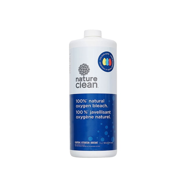 Nature Clean Javellisant Liquide à l'Oxygène Bouteille de 1 L avec Étiquette Blanche et Bleue Présentant le logo Nature Clean, Indiquant Javellisant à l'Oxygène 100 % Naturel Sécuritaire pour les Couleurs, Biodégradable, Sans Chlore et Sécuritaire pour les Fosses Septiques, Idéal pour Enlever les Taches de Lessive.