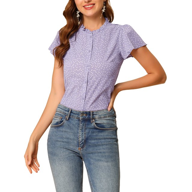 INSPIRE CHIC Women's Summer Dots Print Ruffle Stand Collar Button Down Blouse Shirts S Purple