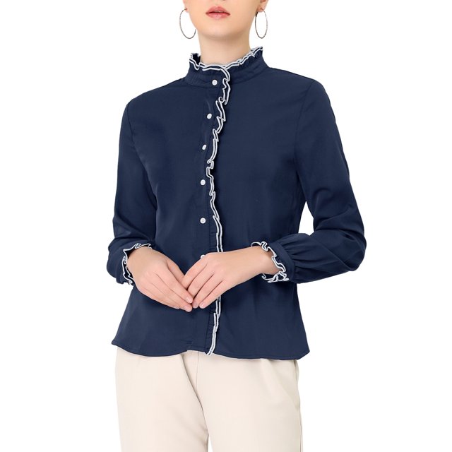 INSPIRE CHIC Women's Button Down Office Ruffle Stand Collar Long Sleeve Work Shirt